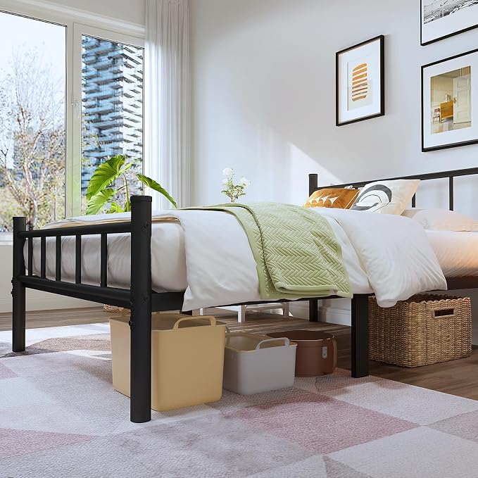 zizin Twin Size Metal Bed Frame with Headboard & Footboard 14 Inch Metal Platform Mattress Foundation Support with Steel Slat, Under Bed Storage, No Box Spring Needed