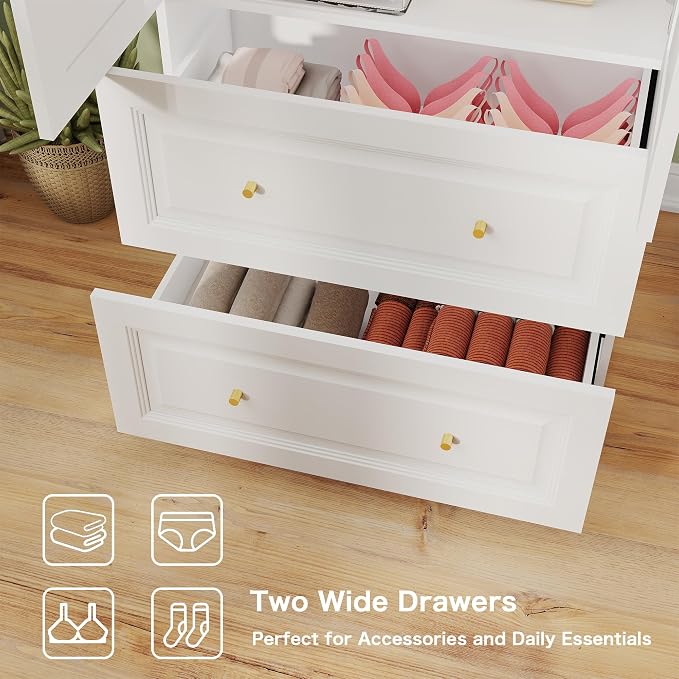 Armoire Wardrobe Closet with Drawers: Large White Wardrobe Closet with 2 Doors and 2 Drawers, Wooden Bedroom Armoires Storage Cabinet with Hanging Rod and Shelves (32")