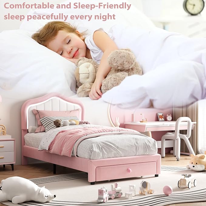 Twin Upholstered Bed Frame With Storage Drawer and Smart Led Headboard, Princess Twin Size Platform Bed Frames for Kids/Girls, Wooden Slats Support, No Box Spring Needed, Easy Assembly, Pink