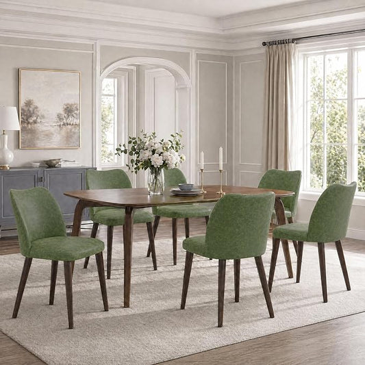 COLAMY Upholstered Dining Chairs Set of 6, Modern PU Leather Dining Room Kitchen Side Chair with Padded Seat and Wood Legs Restaurant/Cafe, Green