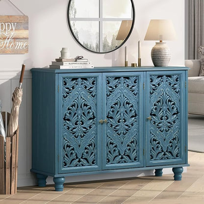 JOINICE 42.5" Accent Storage Cabinet with 3 Carved Doors,Mandala Blue | Versatile Storage for Living Room/Dining Room/Bedroom/TV Stand, Solid Wood Legs, Farmhouse/Rustic Style, Adjustable Shelf