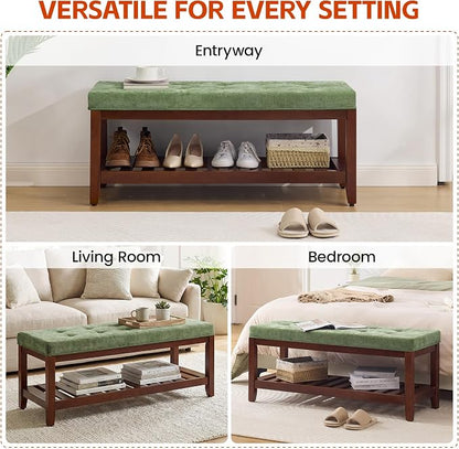 HUBSON 44" Entryway Shoe Bench, Upholstered End of Bed Bench with Solid Wood Shelf, Button Tufted Shoe Bench for Bedroom, Hallway, Living Room, Green