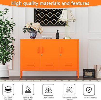 Metal Storage Cabinet with Lock and Adjustable Shelves, Freestanding Pantry Cabinet, Durable Metal 3-Door Storage Sideboard for Home Office Kitchen Orange 32" H X 47.3" W X 13.8" D