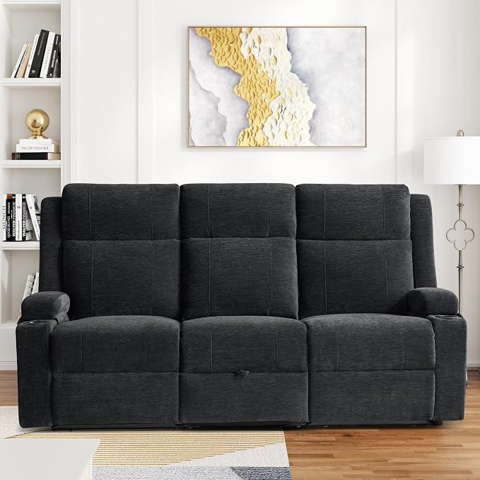 75'' Manual Reclining Sofa with Storage Drawer, 3 Seat Wall Hugger Recliner Couch with Cup Holders, Side Pockets, Chenille Fabric, Compact 3-Person Recliner for RV, Living Room, Apartment (Black)
