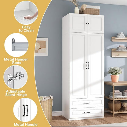 Armoire Wardrobe Closet with Doors: 89" Extra Tall White Wardrobe with Storage on Top, Bedroom Armoires with 2 Doors and 2 Drawers, Large Wood Closet Armoire for Hanging Clothes