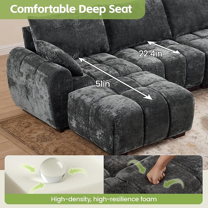 112" L Shaped Modular Sectional Sofa, Grey Chenille Cloud Couch, Modern Upholstered 4 Seater Couch with Removable Ottoman, Tufted Deep Seat & Wood Legs, Sectional Couches for Living Room Apartment