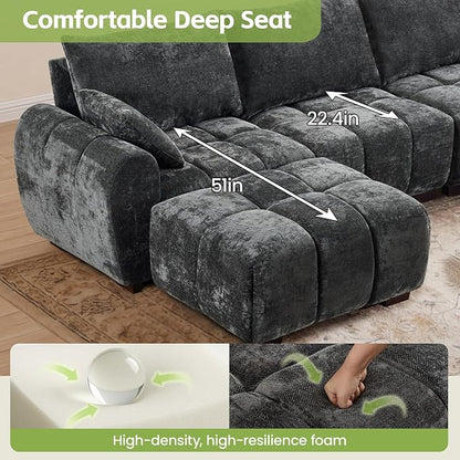 143" Oversized U Shaped Cloud Modular Sectional Sofa, Modern Chenille Upholstered 6 Seater Couch with 2 Removable Ottomans, Tufted Deep Seat & Wood Legs, Large Grey Sectional Couches for Living Room