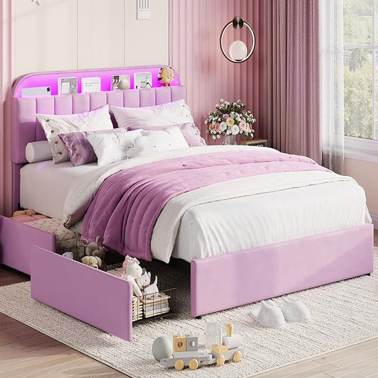 Garvee Full Size Bed Frame with 2 Flexible Drawers, Upholstered Platform Bed Frame with Bookcase Headboard and LED Lights, Kids Bed for Girls, Easy Assembly, Noise Free, Purple