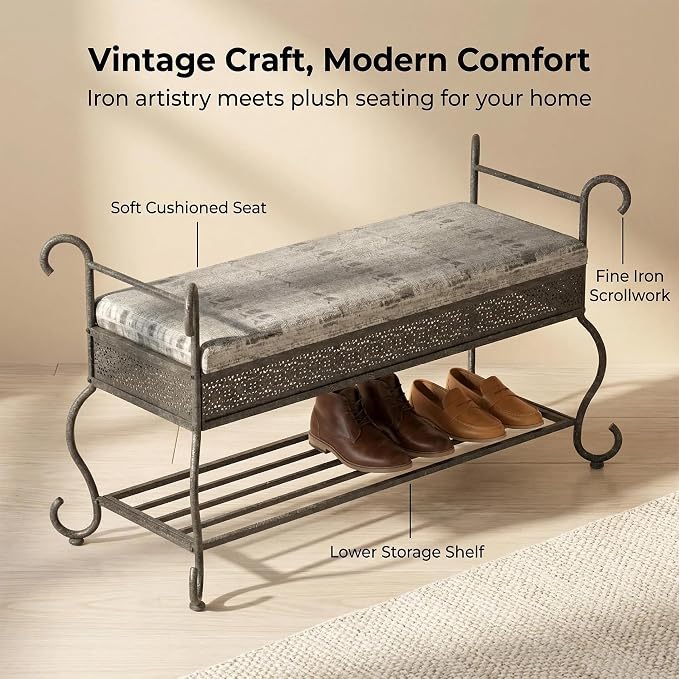 Bluecat 46" Entryway Shoe Bench,Vintage Wrought Iron Shoe Rack Bench with Padded Cushion, Heavy Duty Metal Shoe for Hallway, Foyer, Farmhouse Industrial Decor, Easy Assembly