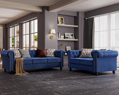 Morden Fort Classic Chesterfield Loveseat Set 60'', Tufted Loveseat Sofa Set with Solid Wood Legs Thick Cushion, Pet-Friendly 2-Seater Sofa Couch for Living Room Bedroom Apartment - Velvet Blue