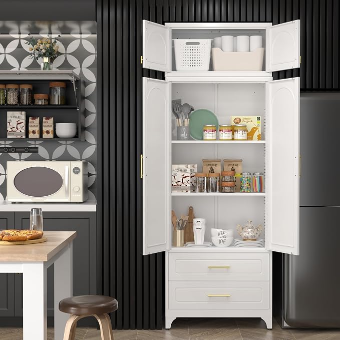 SteeLoong Kitchen Pantry Cabinet，90" Storage Cabinets with Doors and Shelves,Metal Pantry Cabinet with 2 Drawers,White Kitchen Cupboard for Livingroom,Pantry, Bathroom