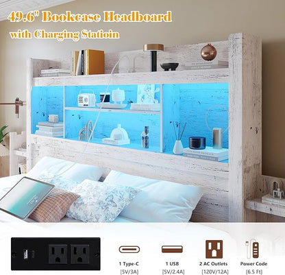 LUXOAK Full Bed Frame with 49.6" Bookcase Headboard & 2 Detachable Bedside Stoage Racks & 4 Drawers, Farmhouse Wood Bed Frame with RGB LED & Charging Station, No Box Spring Needed, Distressed White