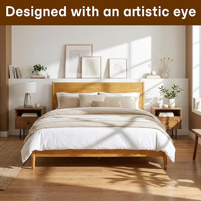Acacia Haven Queen Bed Frame and Headboard, Solid Wood Platform Bed Frame Scandinavian Compatible with All Mattress Types, Wood Slats Support 800lbs Capacity, Quick & Easy Assembly, Natural Oak