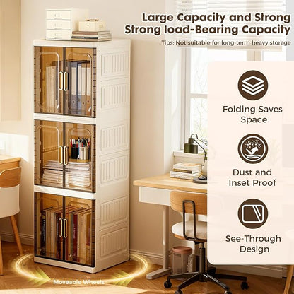 YHB Plastic Folding Storage Box Units, Pet Collapsible Clothes Organizers,White, Collapsible Wardrobe with Visualization Doors, Rolling Wheels