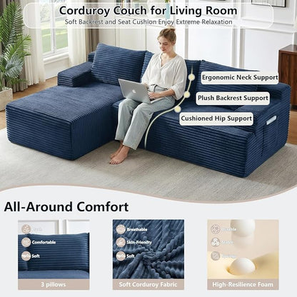 96" Cloud Sectional Couch with L-Shape Chaise, Modular Comfy Sofa Chaise Longue, Upholstered Corduroy Couches Sleeper with Deep Seat for Living Room Bedroom, No Assembly Required(Blue, Left Facing)