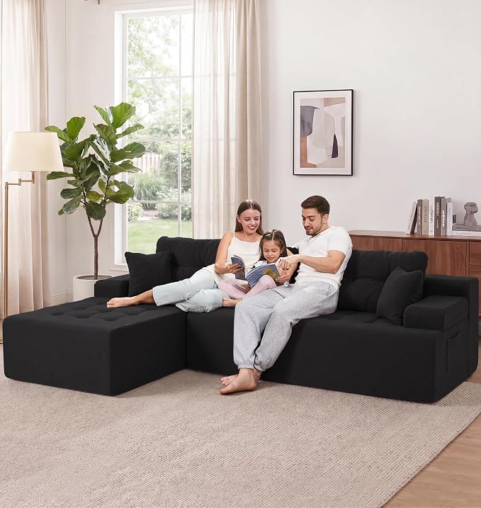Hobestluk Modular Sectional Sofa Couches L-Shape Couch 3 Seat Modular Sofa Memory Foam Sectional Couches for Living Room, Cloud Couch with Oversized Chaise (Black Tufted, 108", Left Hand Facing)