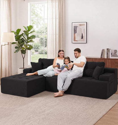 Hobestluk Modular Sectional Sofa Couches L-Shape Couch 3 Seat Modular Sofa Memory Foam Sectional Couches for Living Room, Cloud Couch with Oversized Chaise (Black Tufted, 108", Left Hand Facing)