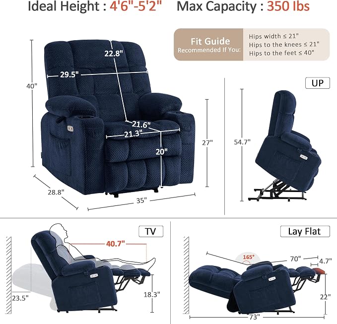 MCombo Small Dual Motor Power Lift Recliner Chair for Petite Elderly, Zero Gravity Lift Chair with Heat and Massage, Infinite Position Lay Flat Recliner, USB Ports, Fabric 7893 (Small, Navy Blue)