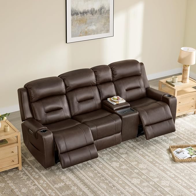 Watson & Whitely Genuine Leather Power Recliner Sofa, Lay Flat Reclining Sofa with Storage Console, Power Headrest & Cup Holders, 3 Seater Electric Reclining Couch for Living Room, Dark Brown