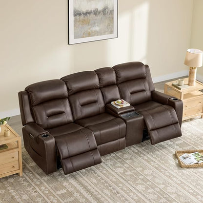 Watson & Whitely Genuine Leather Power Recliner Sofa, Lay Flat Reclining Sofa with Storage Console, Power Headrest & Cup Holders, 3 Seater Electric Reclining Couch for Living Room, Dark Brown