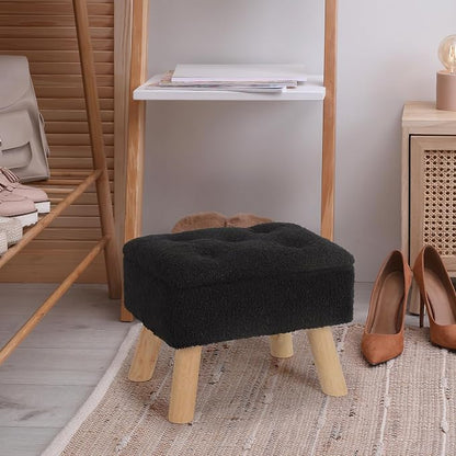 OGEMXU Storage Ottoman, Small Foot Stool Ottoman with Storage, Boucle Teddy Velvet Foot Rest with Padded Seat, Sturdy Wood Legs Stool for Living Room, Bedroom, Couch, Enterway (Black)