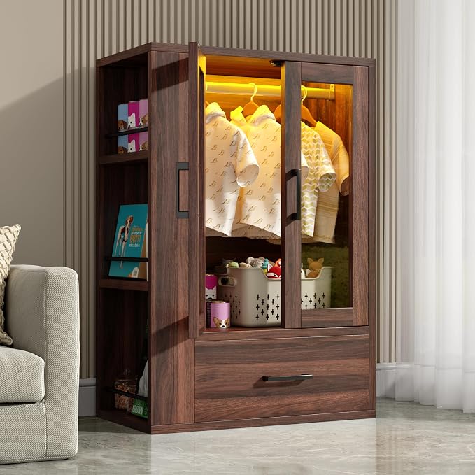 Wooden Dog Closet with LED Lights, Pet Wardrobe Organizer | Storage Cabinet for Dog & Cat Clothes, Toys, Food | Multi-Use Furniture, Walnut