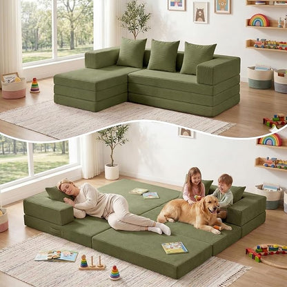 65" Modular Sectional Sofa, Boneless Convertible Sleeper Sofa Bed, Modern Tri-Folding Cloud Couch with L-Shape Chaise, Corduroy Futon Couches for Small Spaces Apartment,No Assembly,Green