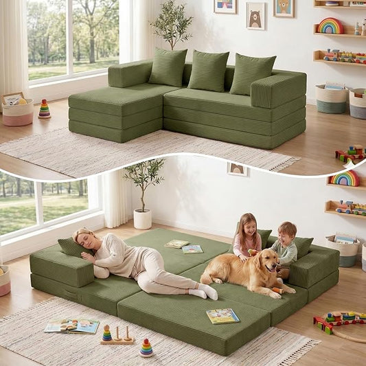 65" Modular Sectional Sofa, Boneless Convertible Sleeper Sofa Bed, Modern Tri-Folding Cloud Couch with L-Shape Chaise, Corduroy Futon Couches for Small Spaces Apartment,No Assembly,Green