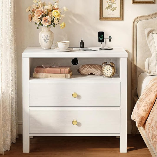 Aheaplus Nightstand with Charging Station, 23.6'' Large Bed Side Table with Wooden 2 Drawers, Night Stand for Bedroom, End Table with Open Storage Shelf for Living Room, White