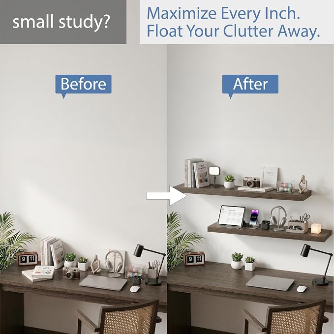 Floating Shelves for Wall, Bathroom Shelves Over Toilet, Wall Shelves & Book Shelf for Room, Hanging Shelf, Modern Wooden Mounted Floating Shelves, 36x7x1.5 in (Smoke Gray, Set of 2)