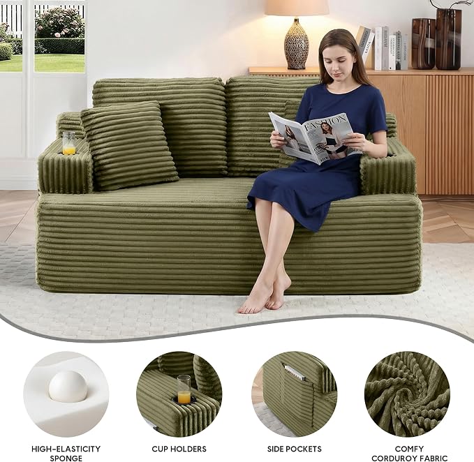 66.5'' Boneless Sofa Couch with Cup Holders & Side Pockets, Modern Corduroy Fabric Upholstered Loveseat Couch with 2 Throw Pillows for Living Room Office, No Assembly (Green)