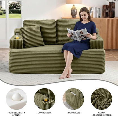 66.5'' Boneless Sofa Couch with Cup Holders & Side Pockets, Modern Corduroy Fabric Upholstered Loveseat Couch with 2 Throw Pillows for Living Room Office, No Assembly (Green)