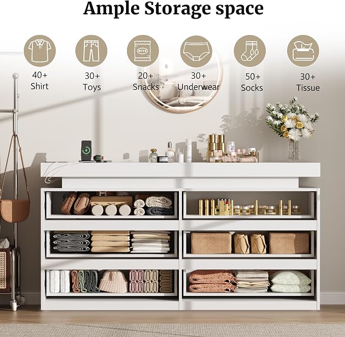 6 Drawer Dresser for Bedroom White Dresser with Hidden Sliding Desktop | Modern Double Wood Chest of Drawers for Closet w/ Charging Station LED RGB Lights Organizer Cabinet TV Stand for Living Room