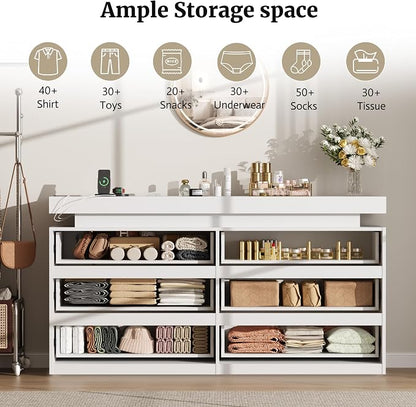 6 Drawer Dresser for Bedroom White Dresser with Hidden Sliding Desktop | Modern Double Wood Chest of Drawers for Closet w/ Charging Station LED RGB Lights Organizer Cabinet TV Stand for Living Room