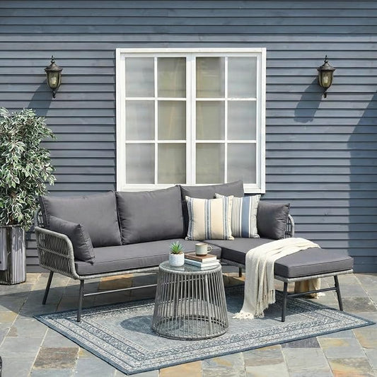 Bezseller 3-Piece Outdoor Patio Furniture Set, L-Shaped Rattan Sectional Sofa with Thick Cushions, Glass Coffee Table – All-Weather Conversation Set for Backyard, Porch, Poolside