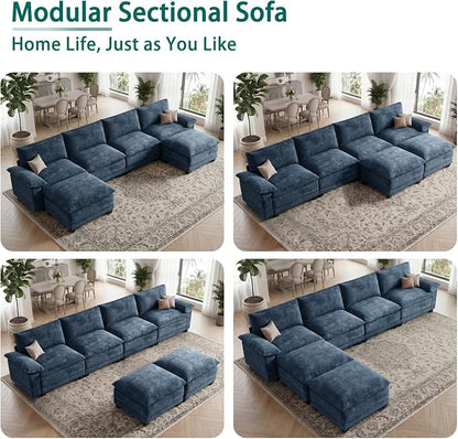 Modern U Shaped Sofa Couches for Living Room, Modular Sectional Cloud Couch with Movable Ottoman, Comfy Chenille Sofa for Apartment and Small Space, Blue