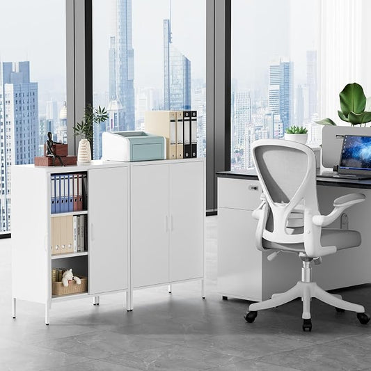Metal Locker Storage Cabinet, Accent Sideboard Cabinet with Adjustable Shelves for Home Office, Garage, Kitchen, Living Room (White, 40" H-Metal Doors)