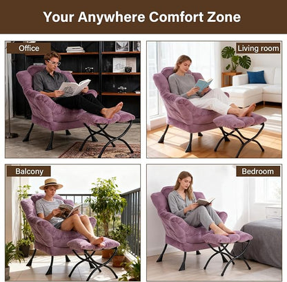 Welnow Lazy Chair with Ottoman, Modern Accent Chair with Armrests and a Side Pocket, Leisure Sofa Armchair Set, Reading Armchair with Footrest for Small Space, Plush Purple