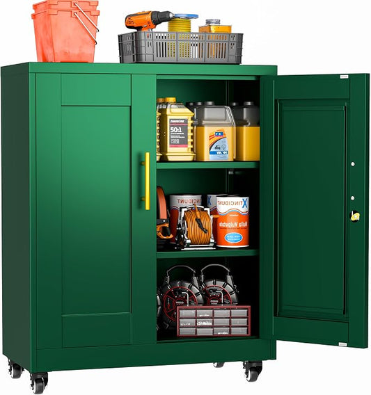 Rolling Metal Tool Storage Cabinet with Doors and Adjustable Shelves, Small Locking Garage Storage Cabinet, Green Steel Tool Cabinets with Wheels for Garage, Basement, Office, Utility Room