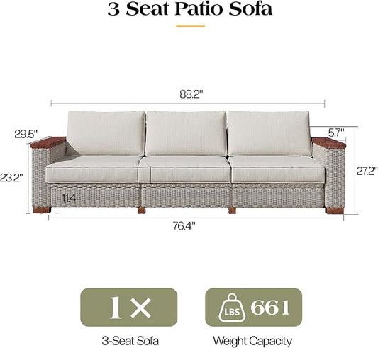 PaPaJet Outdoor Patio Sofa, 3 Seat Wicker Couch with Solid Armrests & Legs, 4.7" Thickened Removable Cushions, UV-Resistant Modular Sofa for Porch, Backyard, Garden