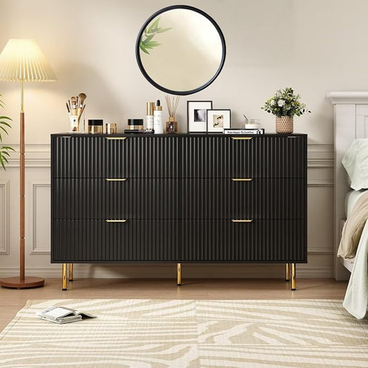 Fluted Black 6 Drawers Dresser for Bedroom, 56 inch Wide Chest of Drawer Dressers with Gold Handle, Modern Wooden Closet Clothes Storage Organizer Cabinet Table Dresser for Living Room