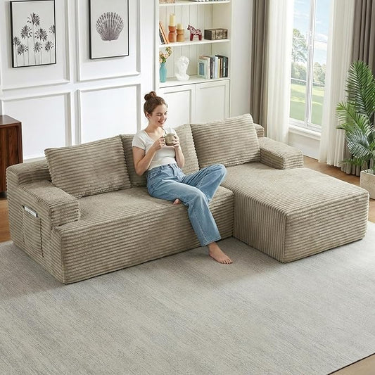 96" Cloud Sectional Couch with L-Shape Chaise, Modular Comfy Sofa Chaise Longue, Upholstered Corduroy Couches Sleeper with Deep Seat for Living Room Bedroom, No Assembly Required(Camel, Right Facing)