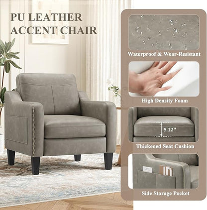 MALOL PU Leather Accent Chair, Mid-Century Modern Living Room Armchair Sofa with Removable Cushions, Solid Wood Frame & Stitched Armrest Design, Bedroom Chair with Plastic Legs, Grey