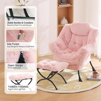 Furlide Lazy Chair with Ottoman, Modern Accent Chair with Armrests and a Side Pocket, Plush Pink Accent Chairs, Reading Chairs, Oversized Armchairs for Bedroom, Study, Living Room, Courtyard