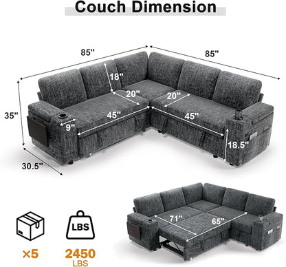 Vipbear Premium 86" Modular Sectional Sleeper Sofa, 5 Seat Sleeper Sofa with Pull Out Bed for Living Room, L Shaped Couch with Storage Chaise|USB Ports|Cup Holders|Storage Armrests|Side Table, Gray