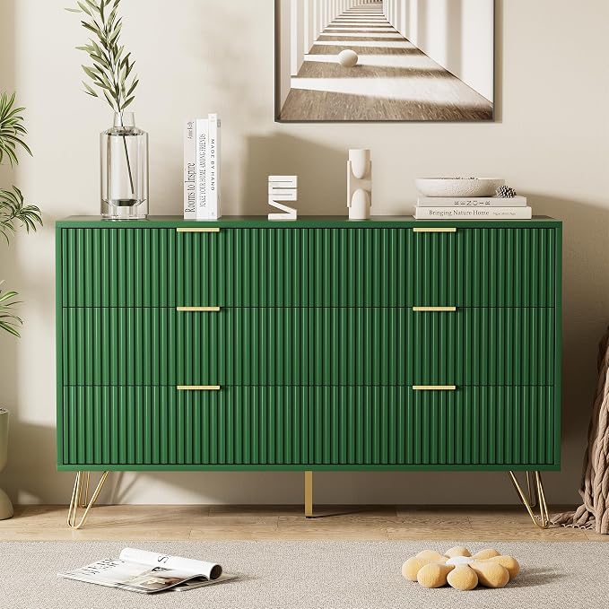 Furniway Green Dresser for Bedroom, Modern Dresser with Gold Metal Handles & Chests of Drawers for Bedroom, 15.7" D x 47.2" W x 29.5" H