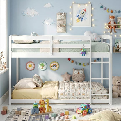 Giantex Full Over Full Bunk Bed, Solid Wood Kids Bunk Bed with Full-Length Guardrails, Integrated Ladder & Anti-Tippling Kits, Low Bunk Beds for Kids, No Box Spring Needed, White