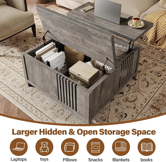 knoworld Farmhouse Lift Top Coffee Table with Storage, 35" Square Large Coffee Table with Hidden Compartment, Rustic Wood Center Table for Living Room, Grey Oak