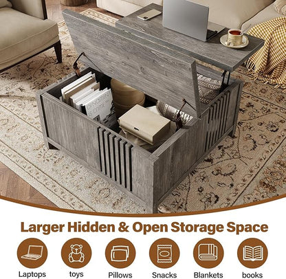 knoworld Farmhouse Lift Top Coffee Table with Storage, 35" Square Large Coffee Table with Hidden Compartment, Rustic Wood Center Table for Living Room, Grey Oak