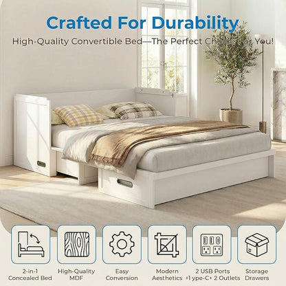 Mjkone Queen Murphy Bed with Mattress Include, Murphy Cabinet Bed with USB Charging Station, Hidden Cube Cabinet Beds with Large Storage Drawer for Bedroom Guest Room Home Office, White